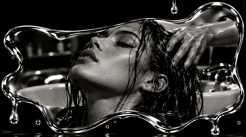 Woman leaning back at a basin, hand in her wet hair
