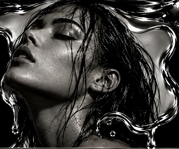 Woman with wet hair in a liquid chrome frame