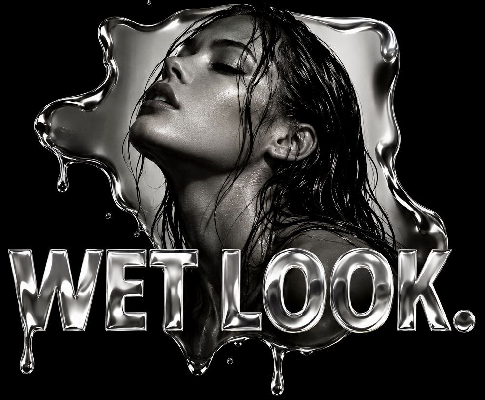 Wet Look. Black and white portrait of a woman with wet hair inside a liquid chrome frame.